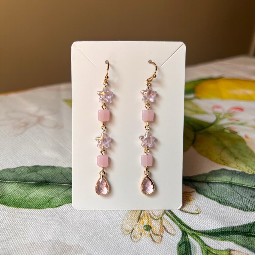 Rose Quartz Star Square Fun Beaded Baby Pink Casual Fun Cute Long Girly Earrings